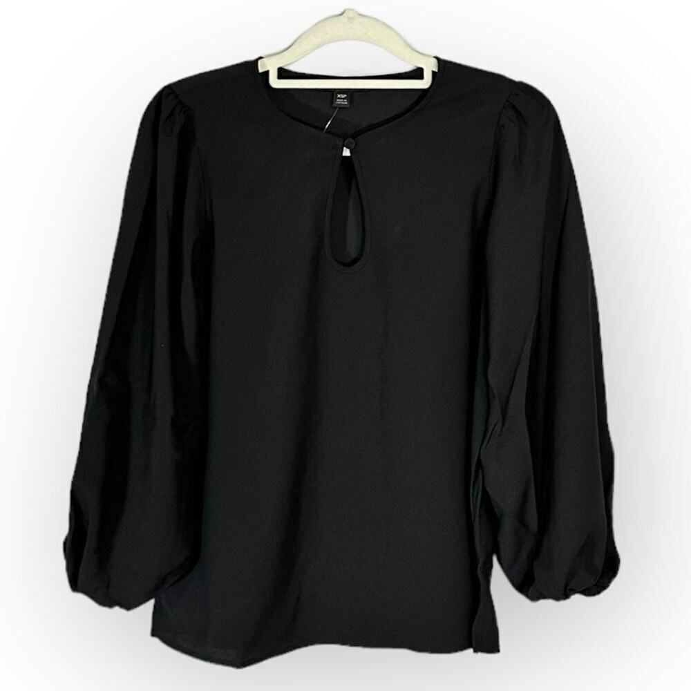 J.Crew Blouse Women's XSP Black Keyhole Front 3/4 Balloon Sleeves Pullover NWT